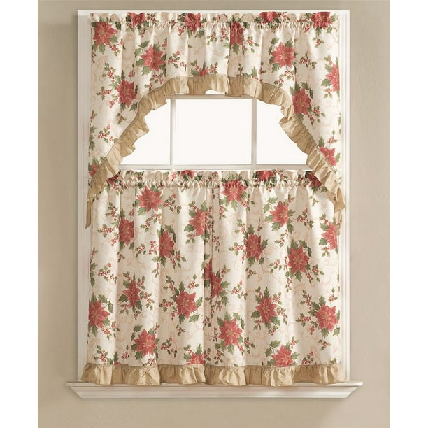 Holiday Classic Poinsettia Christmas 3 Pc Kitchen Curtain Tier & Valance Set